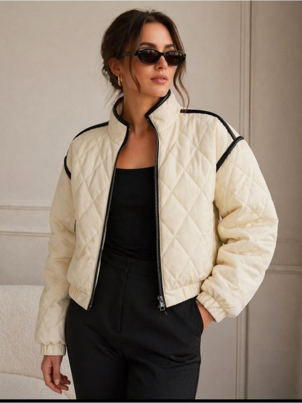 7 for All Mankind Cream Faux Leather Quilted Bomber Jacket